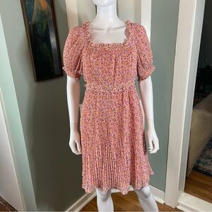 Beyond Words Crystal Pleated Sheer Ditsy Floral Pink Midi Dress Puff Sleeves L